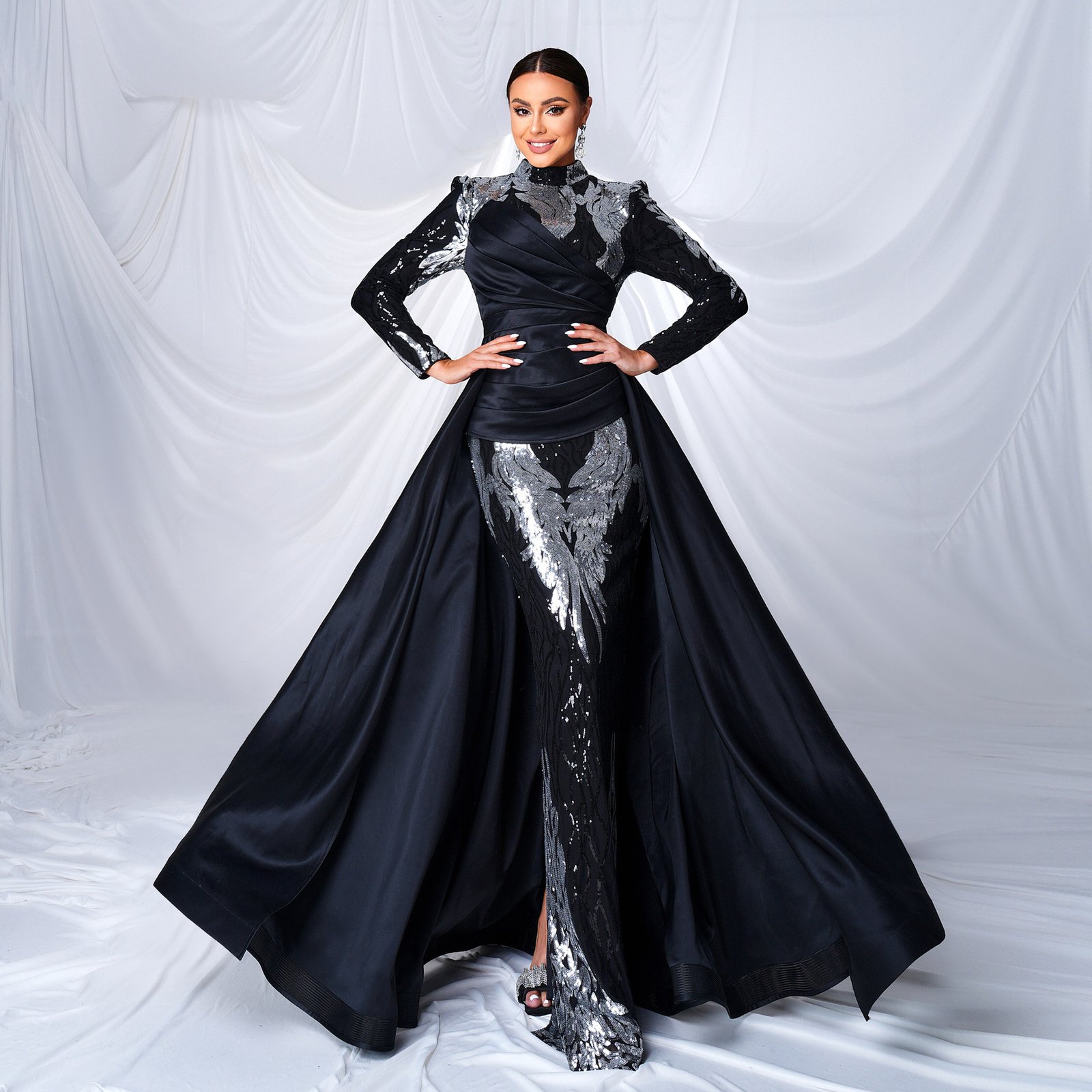 Ladywill Sequin Dress Wholesale - Cross-border Premium Western Long Sleeve Round Neck Sequin Mermaid Evening Gown Bridesmaid Dress-1