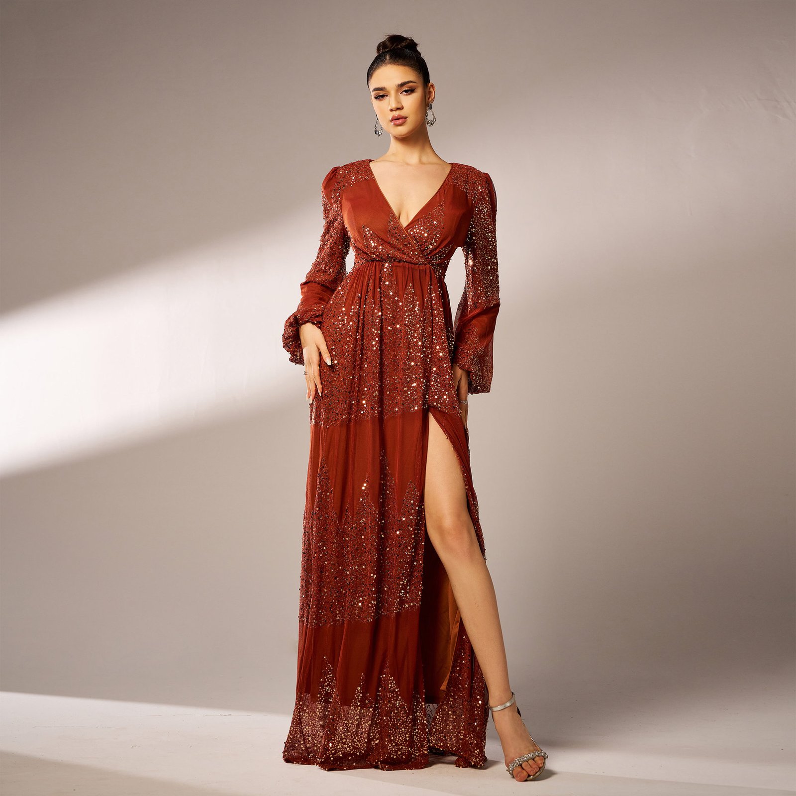 Ladywill Sequin Dress Wholesale - Cross-border Premium Western Long Sleeve V-neck Sexy Sequin Evening Gown Bridesmaid Dress-1