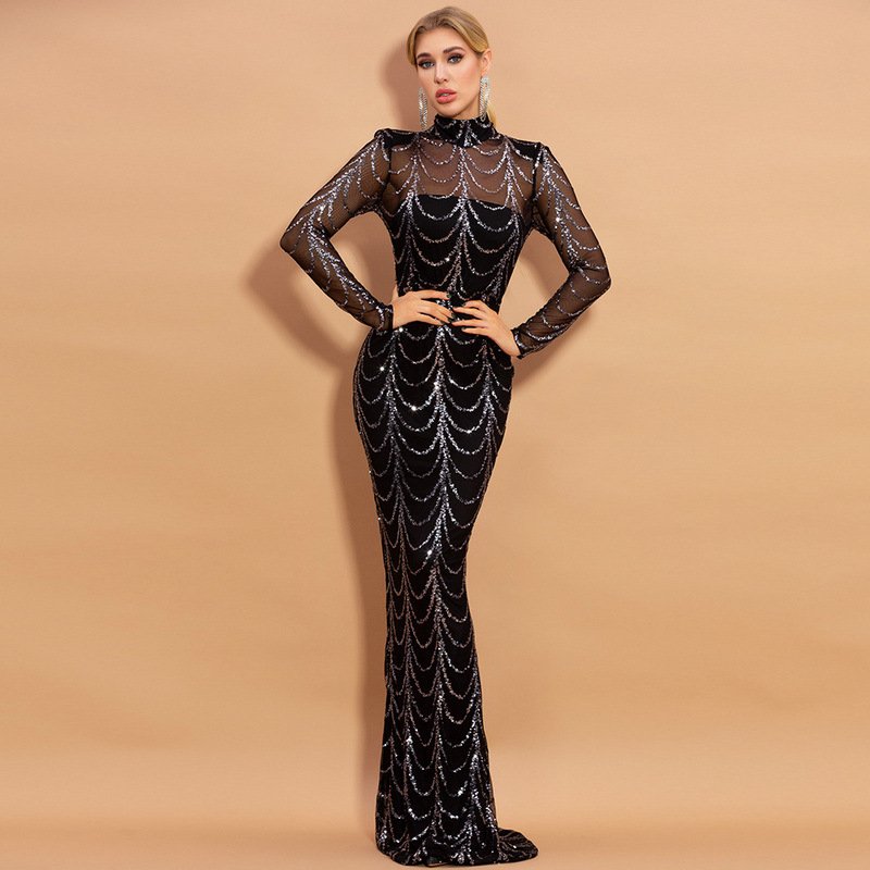 Ladywill Sequin Dress Wholesale - Cross-border Western Long Sleeve Black Sequin Striped Sheer Sexy Maxi Evening Gown With Train-1