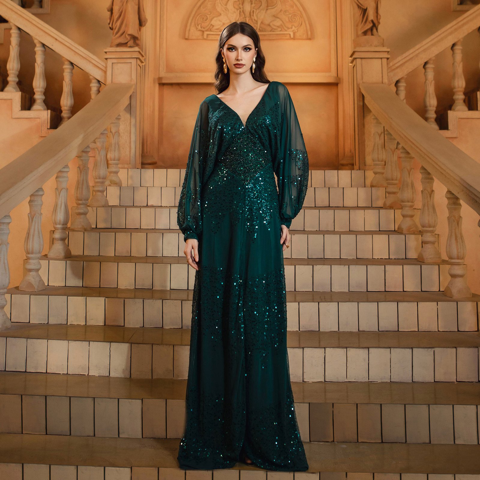 Ladywill Sequin Dress Wholesale - Hot-selling Cross-border French Style Long Dress Long Sleeve Sequin Evening Gown Chiffon V-neck High Slit Waist Dress-1